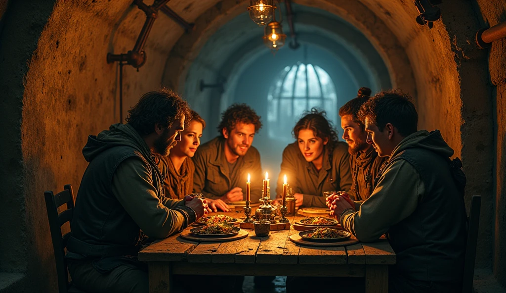 people in dirty and torn steampunk clothes in an underground house, poorly lit with only candlelight, eating food very happily 