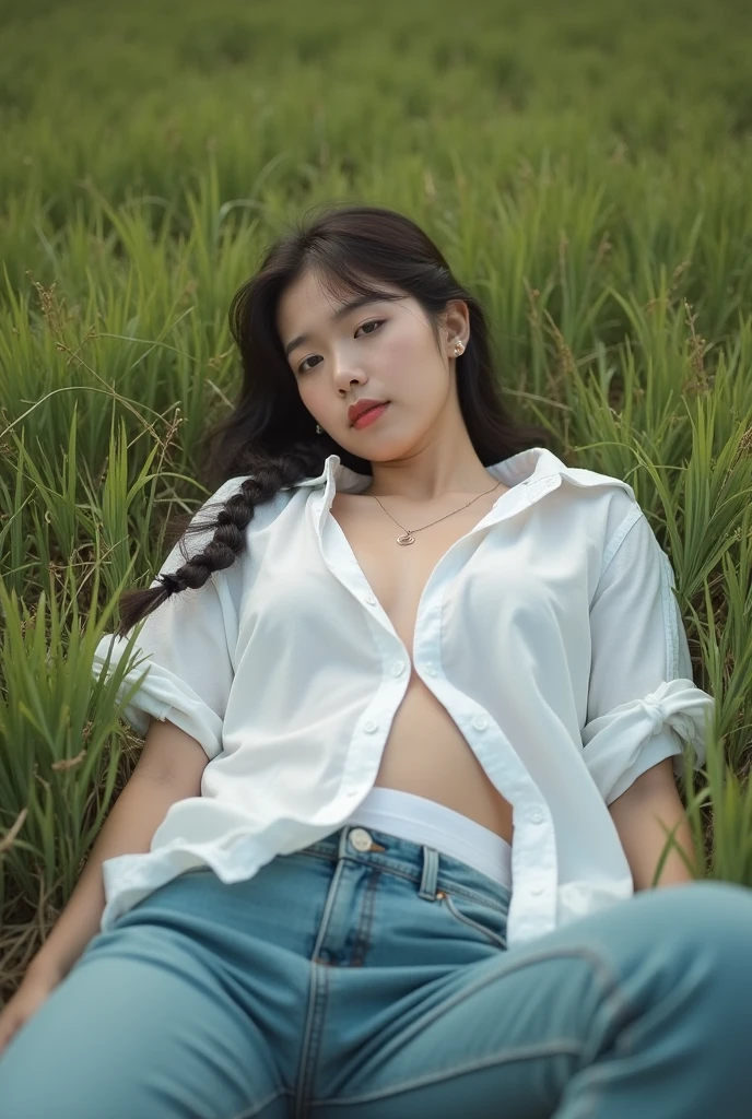 (Girl sleeping on her back in a shirt on a grass field outdoors。Underwear is slightly visible),(Her jeans have slid down to her thighs, Reveal her white panties)Professional Lighting,squat,The cat looks invitingly at the photographer.,Girl with braided hair, The white shirt is wide open,Cleavage,Underbust,Cute young girl, Young and adorable Korean face, Young Asian, Beautiful girl, whole body