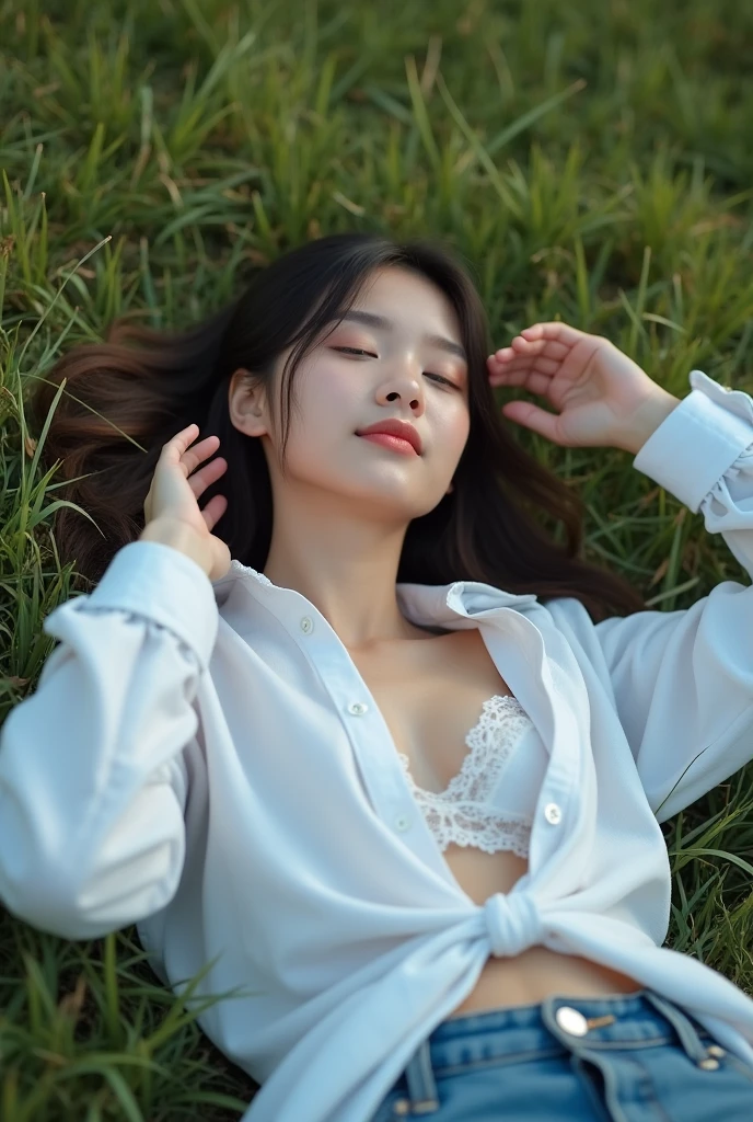 (Girl sleeping on her back in a shirt on a grass field outdoors。Underwear is slightly visible),(Her jeans have slid down to her thighs, Reveal her white panties)Professional Lighting,squat,The cat looks invitingly at the photographer.,Girl with braided hair, The white shirt is wide open,Cleavage,Underbust,Cute young girl, Young and adorable Korean face, Young Asian, Beautiful girl, whole body