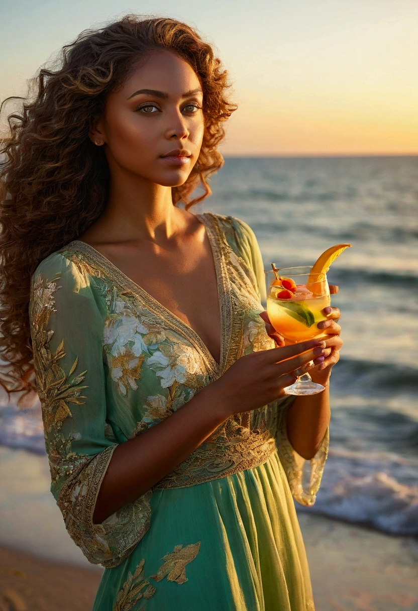 beautiful woman sitting at table with a drink in one hand, green flower in hair, elf ears, large breasts, medium tan skin