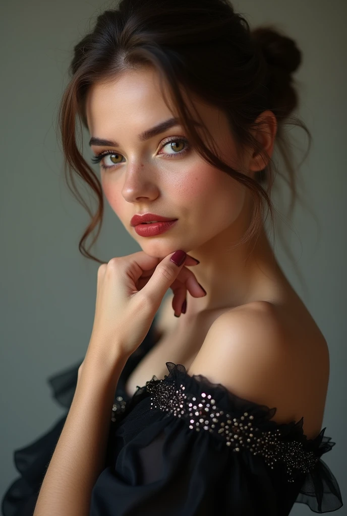 An image of a woman offering a sophisticated over-the-shoulder look towards the viewer. Her body is turned to the side, and she turns her head to make eye contact with the camera. Her left hand touches her cheek, with her thumb resting on her chin. Her hair is styled in an updo with soft tendrils by her face. She has freckles across her nose and cheeks, and her makeup highlights her eyes and lips subtly. She wears a dark off-the-shoulder dress with sequined accents on the neckline and sleeves.