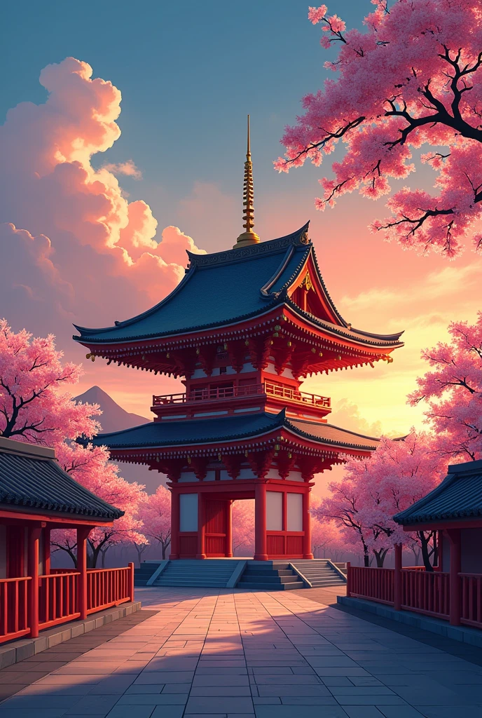 "A wide shot of Senso-ji Temple at dusk, bathed in the warm glow of the setting sun. The intricate details of the temple's architecture are meticulously drawn, showcasing its vibrant red and gold accents. Utilize Makoto Shinkai's signature style by emphasizing the play of light and shadow, capturing the ethereal beauty of the temple as the sky transitions from a warm orange to deep blue. Include a few cherry blossom trees in full bloom, their petals gently swaying in the breeze, adding a touch of delicate beauty to the scene." In the style of Makoto Shinkai's signature contains white fluffy clouds