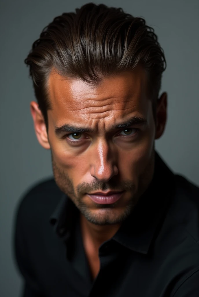 Man with dark skin color with straight chestnut hair slicked back 
