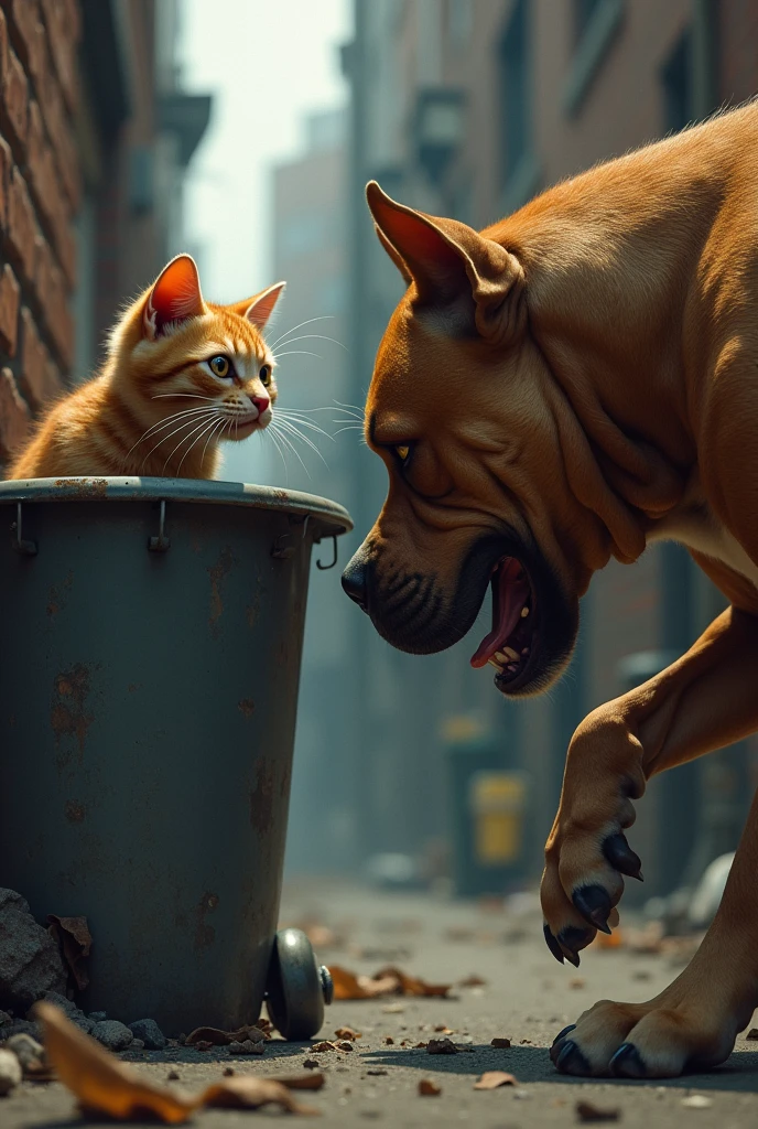 scared cat looking from the zinc at a brown pitbull