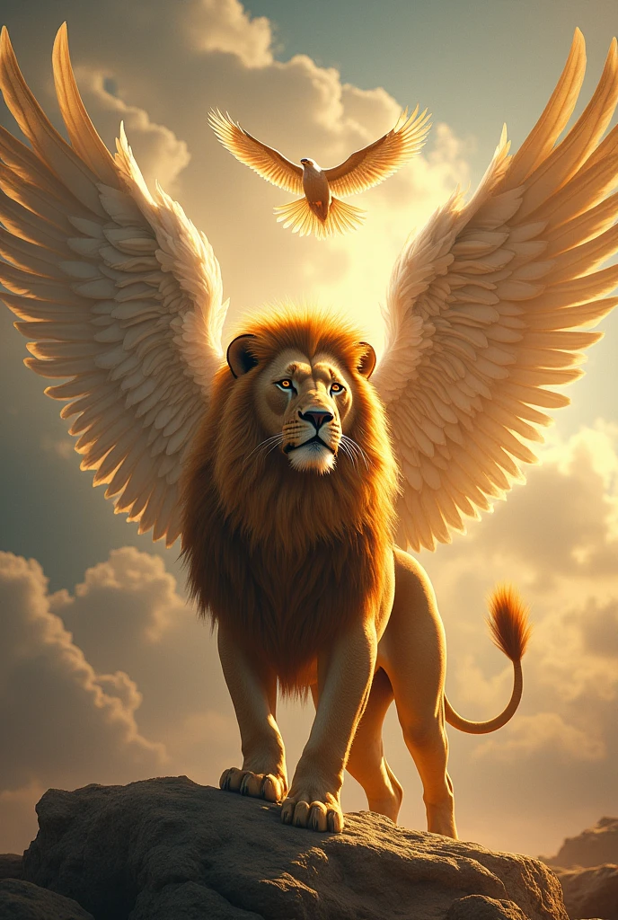 a lion accompanied by an archangel and an eagle in the background