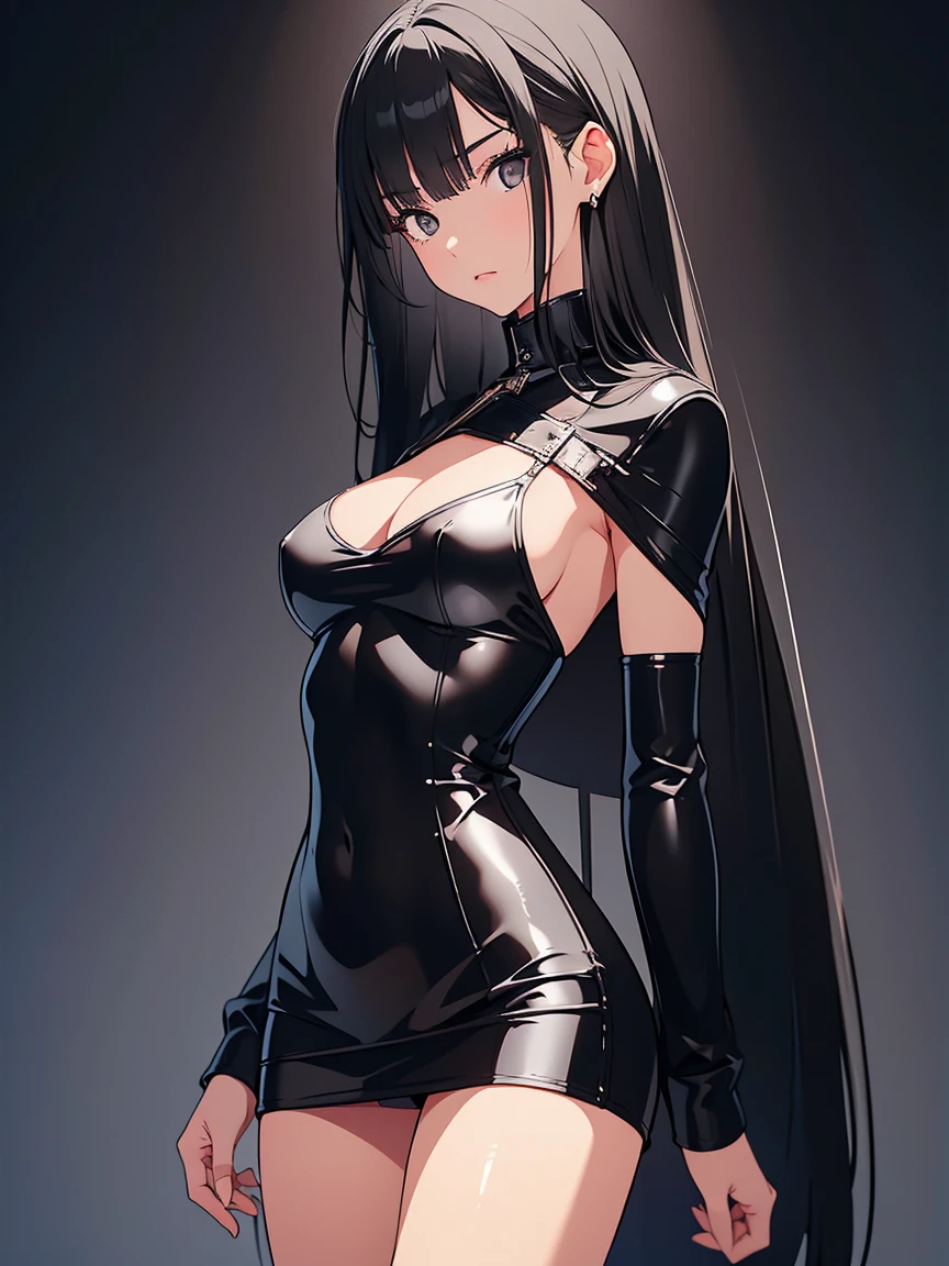 Girl, serious features,(hands behind back), ((she has black eyes+Long black hair+Short black leather dress)), high definition, high detailing, detailed face, detailed eyes, detailed body