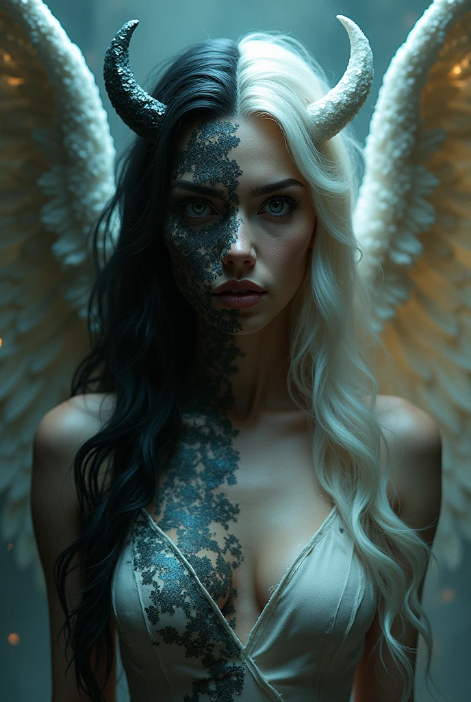 Woman half demon half angel, One half has long hair and the other half has long hair. The face is more like a demon and the other is more beautiful.