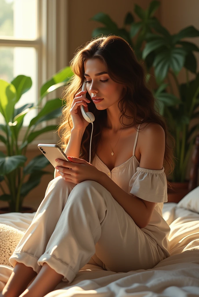 (photorealism:1.2), beautiful woman, sitting on bed, naked, long curly blonde hair, indoors, soft lighting, plants in background, window with sunlight, cozy room, relaxed pose, with a vibrator realistic, intricate details, warm colors, by Greg Rutkowski, by Alphonse Mucha