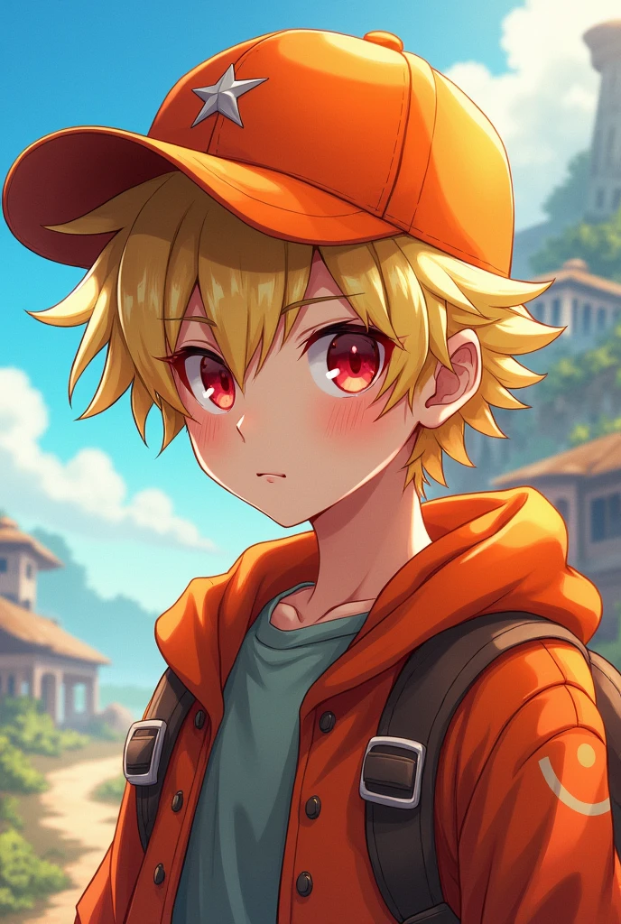 Blonde boy red eyes orange cap anime style teenager 