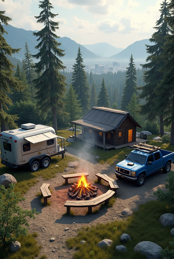 ((Photorealistic, ultra realistic, best quality 16K)) A survival camp, there is a trailer in the corner for observation, a blue pickup truck with a map on top, a campfire in the middle with wooden benches nearby, several tents around, distant buildings of a city behind the mountains, the camp is outside the forest.