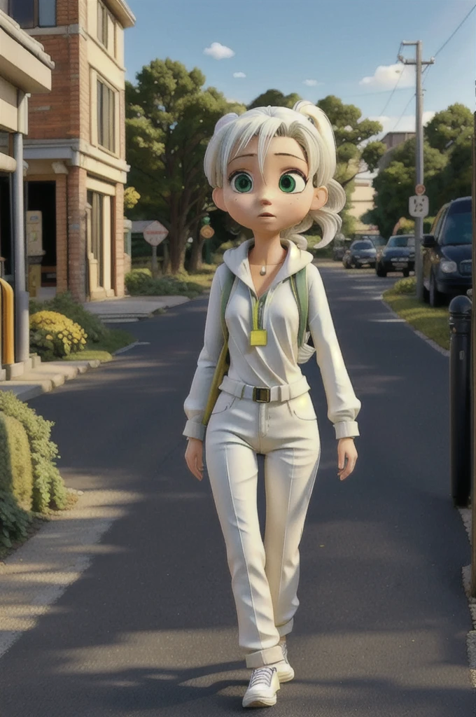 work of art , best qualityer,nahida(genshino impact), 1 girl , white  shirt:1.5 ,side ponytail ,White hair ,multicolored hair, greeneyes,casual outfit , ha , black choker, duffel bag , hair green,congested road , urban life 