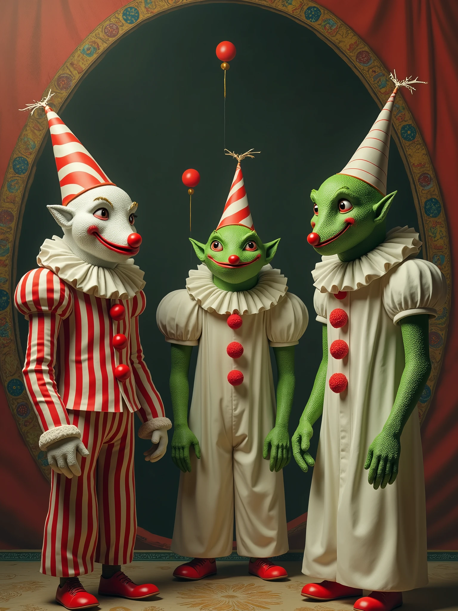 A photo of strange creatures, a mix of vintage clowns and Draags in the style of Rene Laloux. The vintage clowns have red and white striped suits, red noses, and white makeup on their faces. The Draags have green skin, large eyes, and wear white robes. They are standing in a circus tent with colorful patterns on the walls.