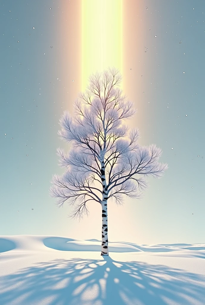 (masterpiece, Highest quality, shape, Subtle details, 8k:1.2),(Highly detailed CG Unity 8k wallpaper), (Highest quality), (Best illustrations), (Photo shoot by a professional photographer:1.2),(Best Shadow),  Realistic lighting, Create a realistic 3D digital image of a vast snowy plain, viewed from above, featuring a single large birch tree standing in the center. The birch tree is covered in a light layer of snow, its branches gracefully spreading out. The ground below is blanketed in snow, creating a seamless white landscape. Beautiful diamond dust sparkles as it falls gently, adding a magical touch to the scene. A striking sun pillar, a vertical beam of light, descends from the sky, casting a warm, golden glow directly onto the birch tree, creating a stunning contrast against the cool, snowy surroundings. The image captures the majestic beauty of nature and the serene, mysterious atmosphere of a winter wonderland.