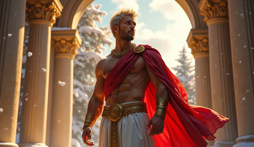 ((artwork)) ((body completo)) ((Full body inside the image)) ((30 year old man)) body: brownish skin, high, muscular, ((hairy chest)) ((platinum ruby hair)) male face, barbarian, pretty eyes, detailed eyes ((gold eyes)). Expression: seductive, sonrisa seductive. CLOTHES: Red Greek Cape, TOGA BLANCA, gold ornaments, greek prince ornaments. pose: dynamic. scene: greek temple, Greek columns. Decor: winter, Decor de winter brillante, wonderful lighting.