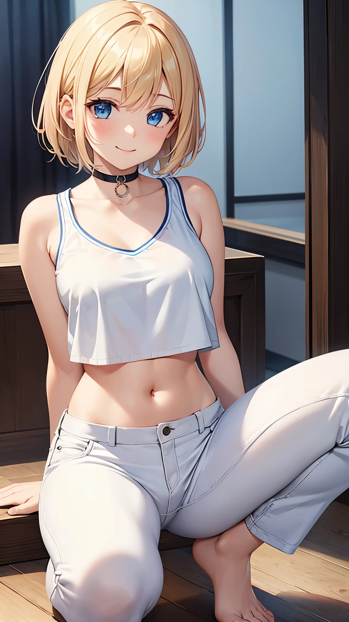 1girl, solo, breasts, looking at viewer, blush, smile, short hair, bangs, blue eyes, blonde hair, shirt, navel, bare shoulders, medium breasts, closed mouth, collarbone, sleeveless, choker, midriff, pants, indoors, stomach, crop top, bare arms, white pants, white choker, short camisole, Crouching