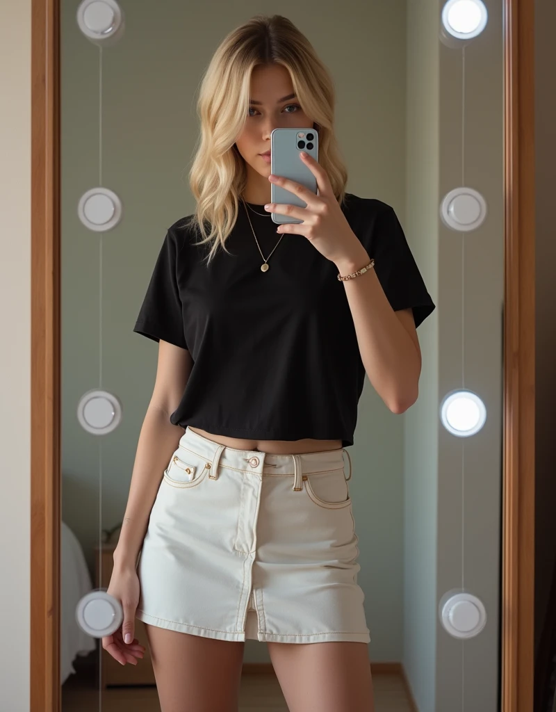 Photo of a young blonde girl, that gets naked in her bedroom, makes a very sexy pose with her phone in front of her mirror. She hides her face completely. She wears a very short white skirt, that reaches down to her buttocks. She is wearing a black T-shirt. She is of average stature. The mirror is equipped with white LEDs. https://image.cdn2.seaart.AI big breasts/2024-08-26/cr6fbnle878c73fkcl6g/2bd6a0fe93310b62d99054ff2c21b8951315bb36_high.webp