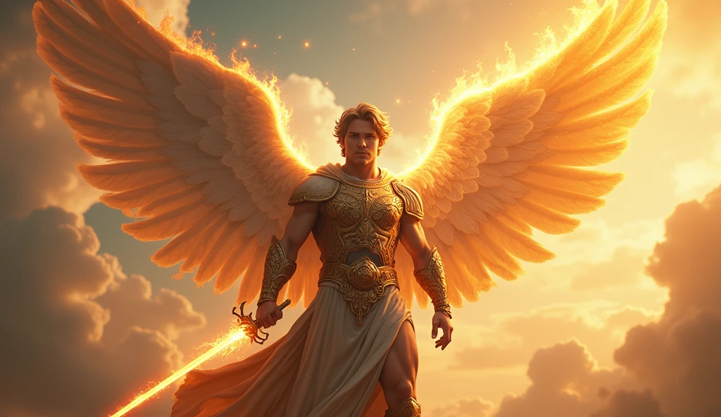 prompt: anjo celestial, male, guerreiro com espada de fogo conveying an image of security and trust rendered in a photorealistic, cinematic style