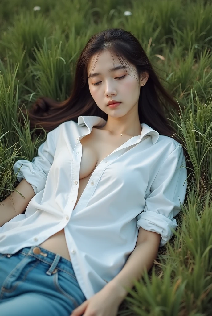 (Girl sleeping on her back in a shirt on a grass field outdoors。Underwear is slightly visible),(Her jeans have slid down to her thighs, Reveal her white panties)Professional Lighting,squat,The cat looks invitingly at the photographer.,Girl with braided hair, The white shirt is wide open,Cleavage,Underbust,Cute young girl, Young and adorable Korean face, Young Asian, Beautiful girl, whole body