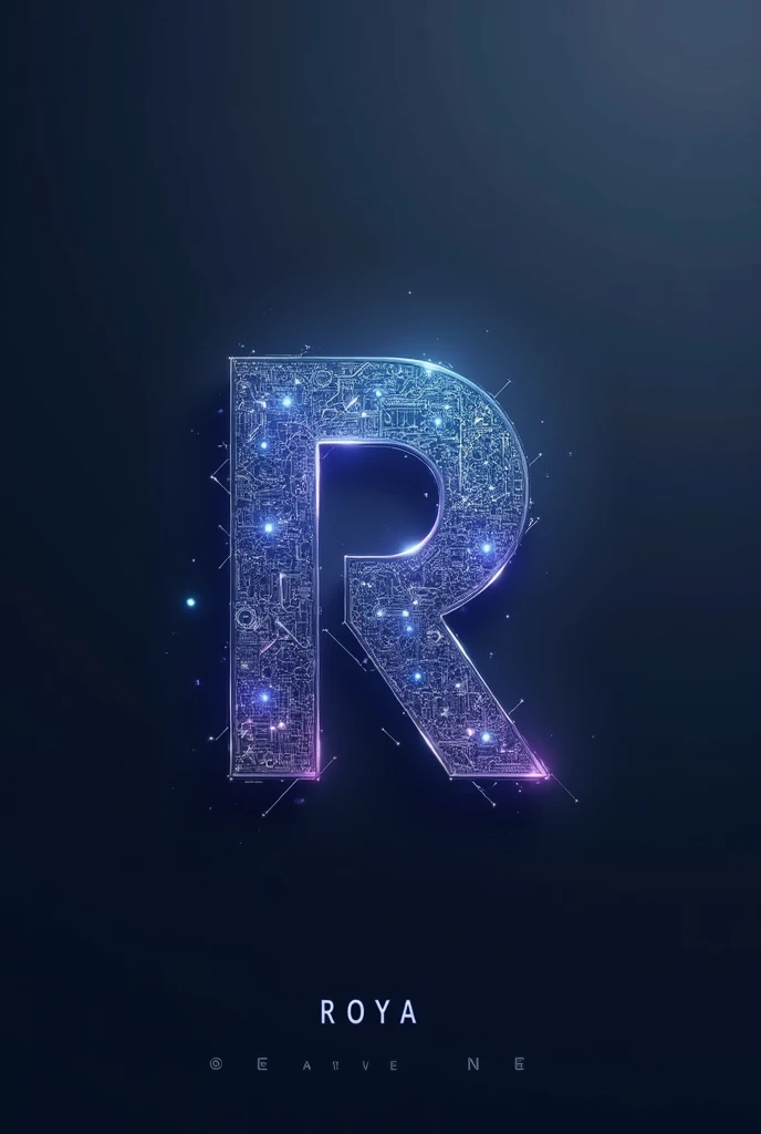 Create a logo for an AI model agency named 'Roya.' The design should convey a sense of futuristic innovation and creativity, reflecting the essence of artificial intelligence and digital transformation. Incorporate elements such as a stylized letter 'R' that could resemble circuit patterns or neural network nodes, symbolizing connectivity and intelligence. The color scheme should be modern and sleek, featuring shades of blue, silver, or purple to evoke a sense of technology and trust. The typography should be clean and sophisticated, potentially integrating subtle digital or geometric patterns. The overall look should be minimalistic yet impactful, with a visual balance that feels both professional and cutting-edge.
