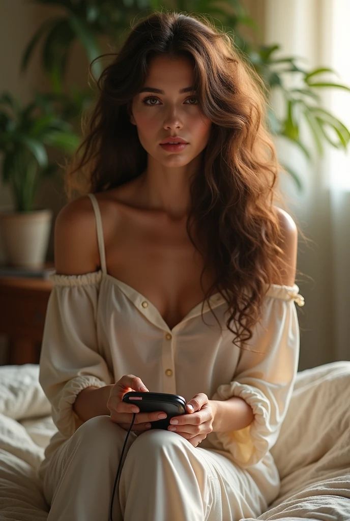 (photorealism:1.1), beautiful woman, sitting on bed, wearing loose off-shoulder top, pajama pants, long curly hair, indoors, soft lighting, plants in background, window with sunlight, cozy room, relaxed pose, realistic, intricate details, warm colors,taching her téléphone in hands