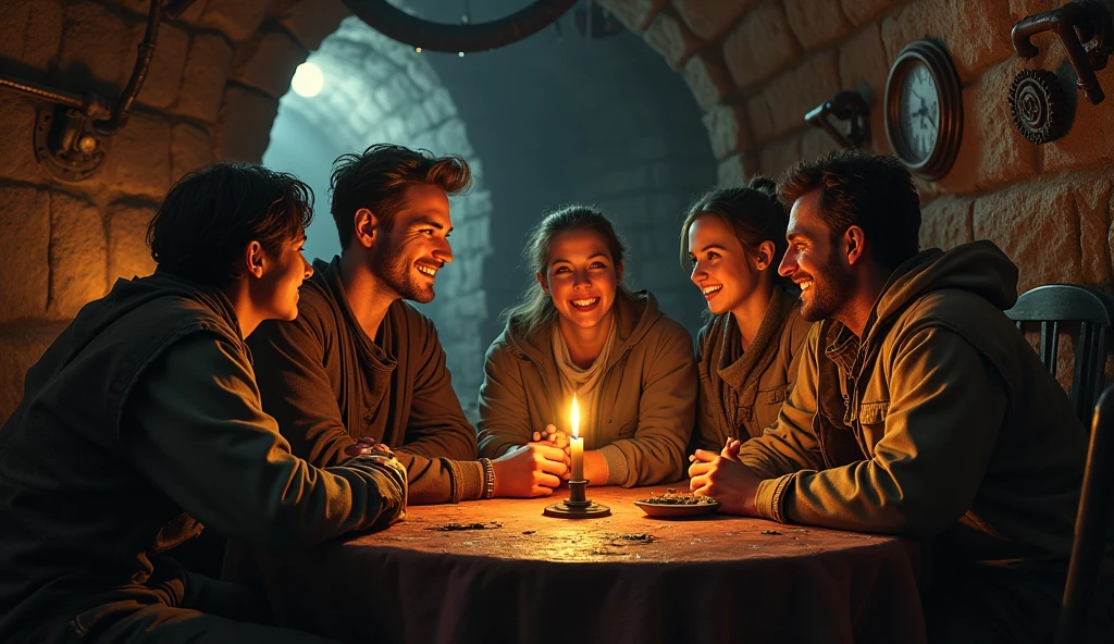people in dirty and torn steampunk clothes in an underground house, poorly lit with only candlelight, talking very happily