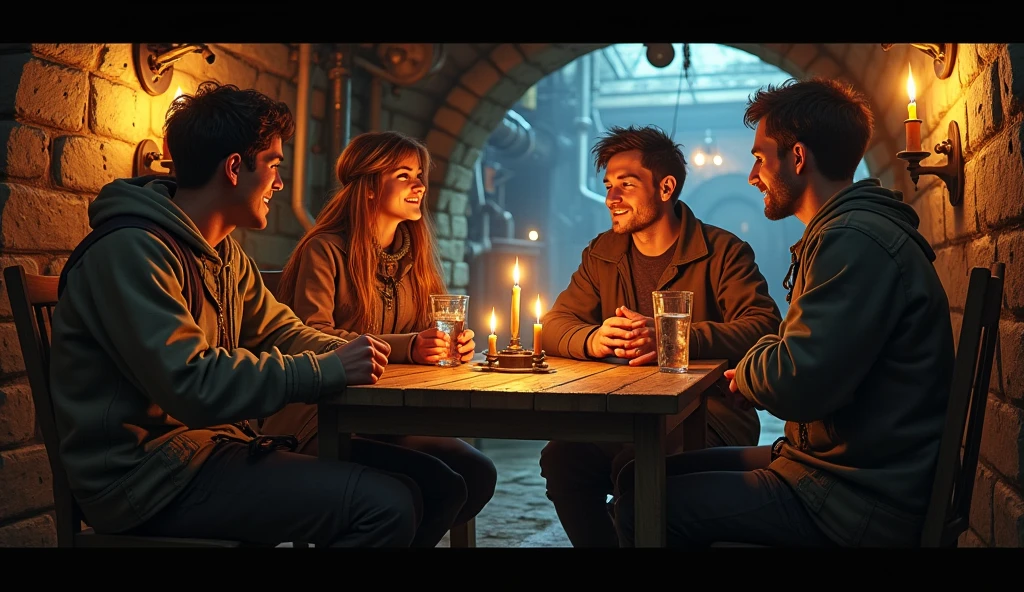 people in dirty and torn steampunk clothes in an underground house, poorly lit with only candlelight, talking very happily