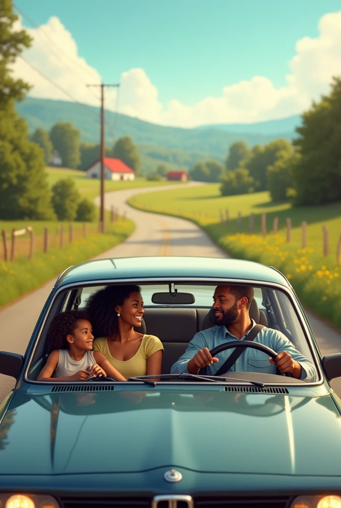 A black family driving in a car with father driving and mother at the passenger seat abd two girls at the back seat