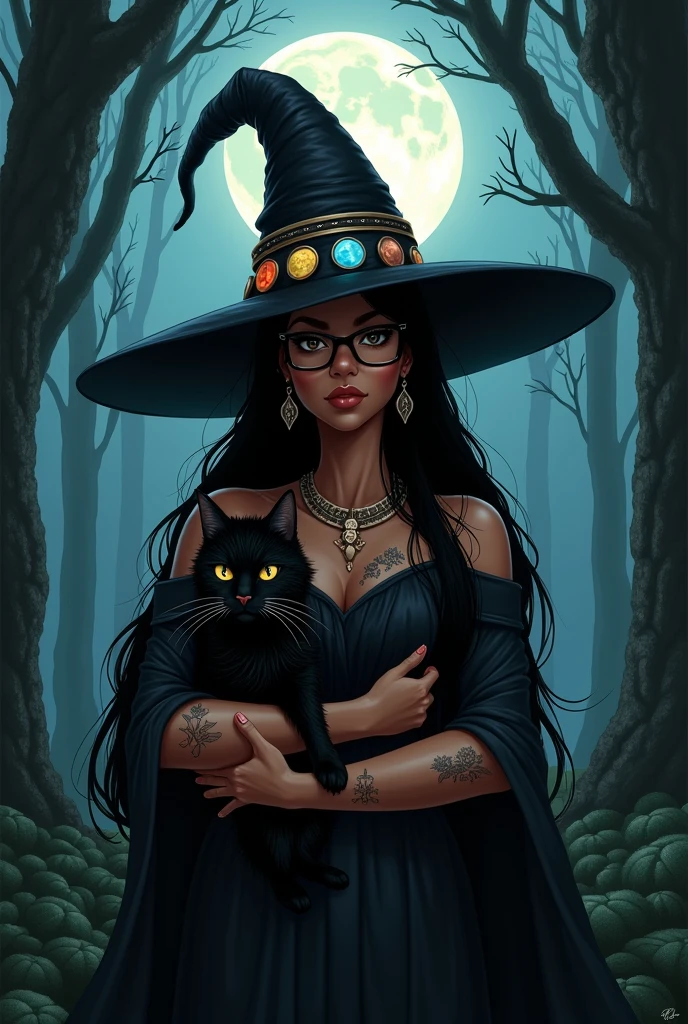 A witch with a 4-element hat in a forest at night with a full moon A dark brown woman with straight hair without bangs, waist-length, thick build, light brown eyes, eyelashes, oval face, a little big nose that curves downwards, thick lips, tattoos, white, big butt, with square glasses with black frames and her witch's knot with her black cat