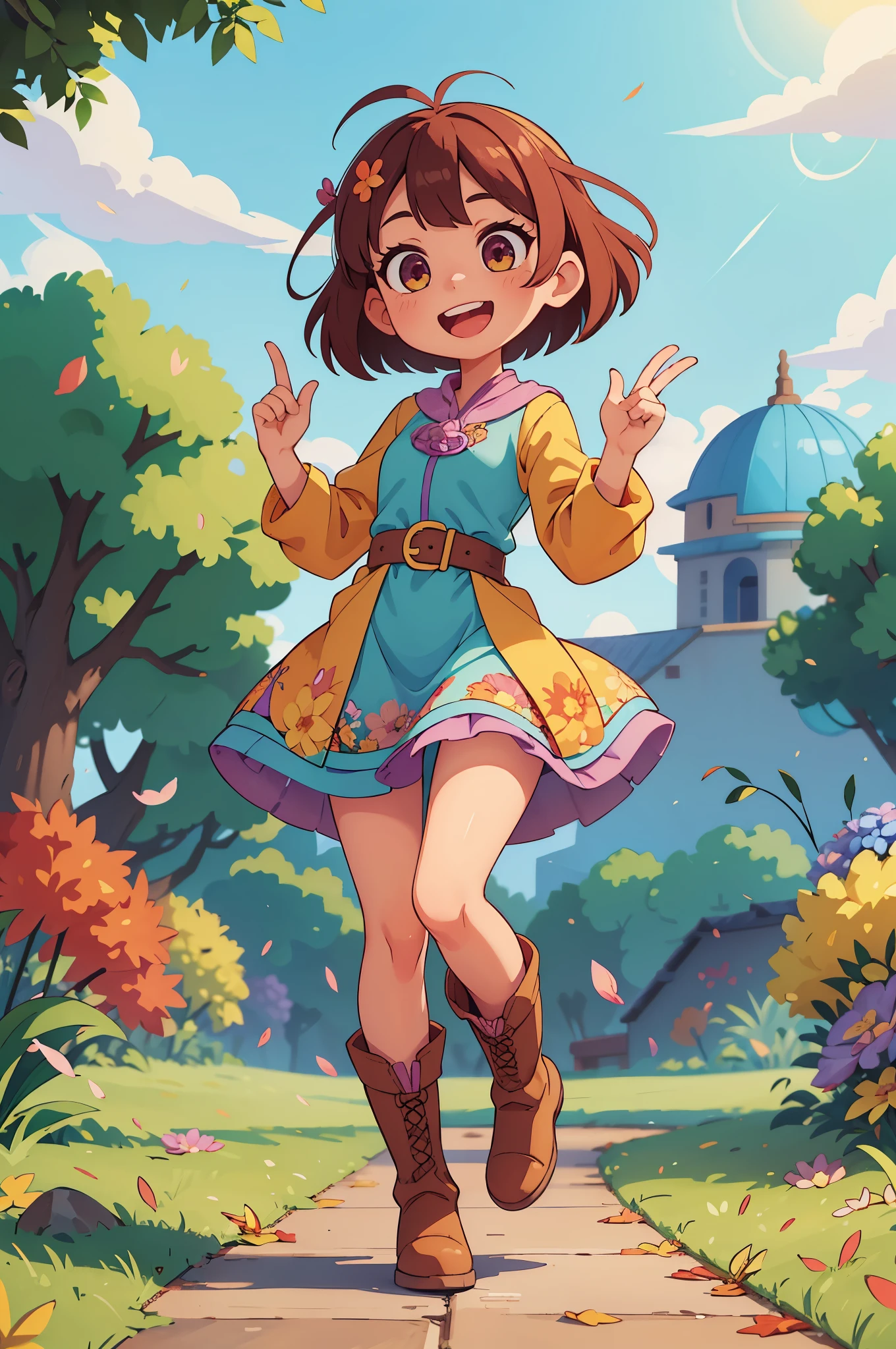 Stand in front of the photo、1girl in,Full body,a short bob,long boots,Open mouth and big smile、kawaii pose、Flowing iridescent silk、up of face、Eye Up、Colorcon with heart pattern、Floral dress、There are flowers even in front of you、flower petals、Fallen leaves and dragonflies、season!!:autumnal☀ 🍂