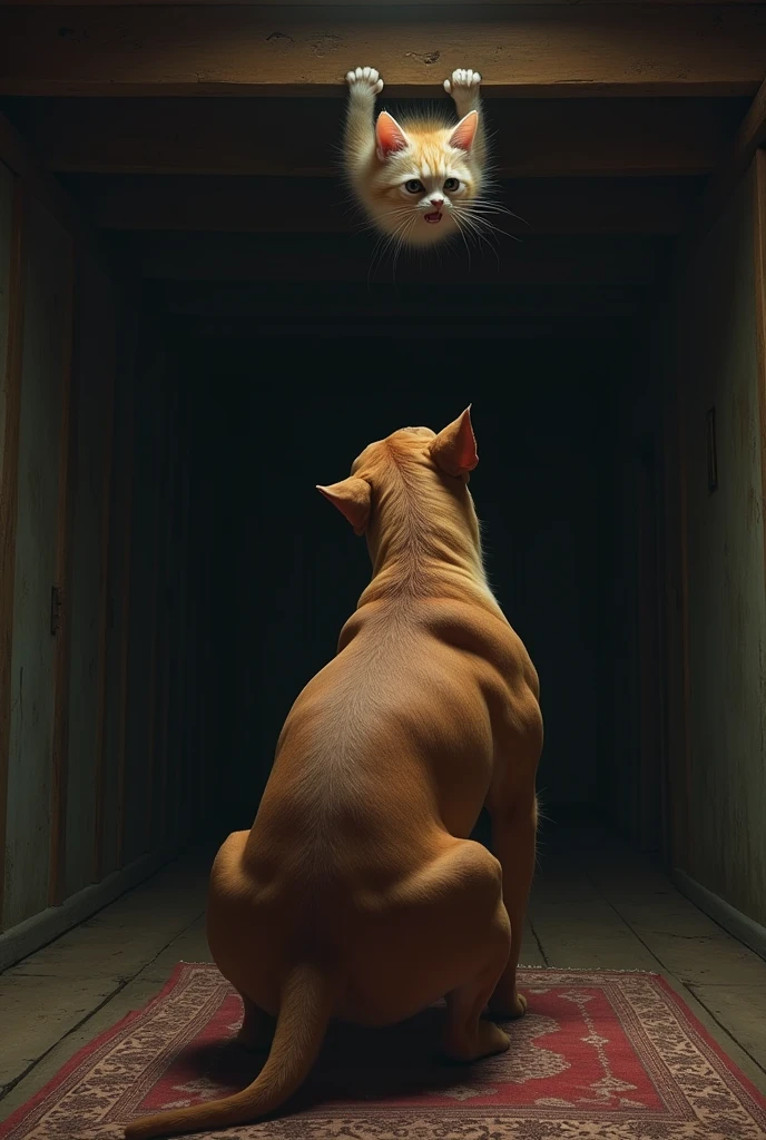 scared cat looking down from the ceiling at a brown pitbull