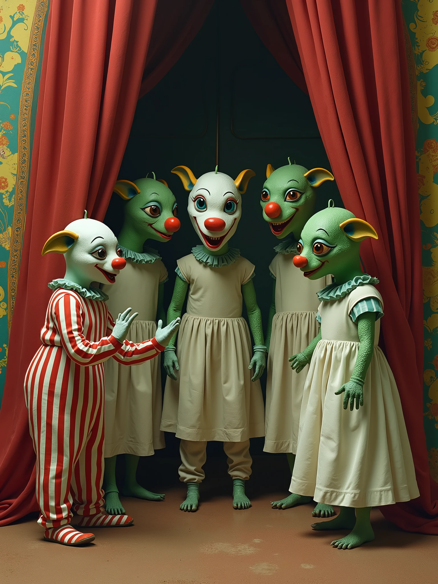 A photo of strange creatures, a mix of vintage clowns and Draags in the style of Rene Laloux. The vintage clowns have red and white striped suits, red noses, and white makeup on their faces. The Draags have green skin, large eyes, and wear white robes. They are standing in a circus tent with colorful patterns on the walls.