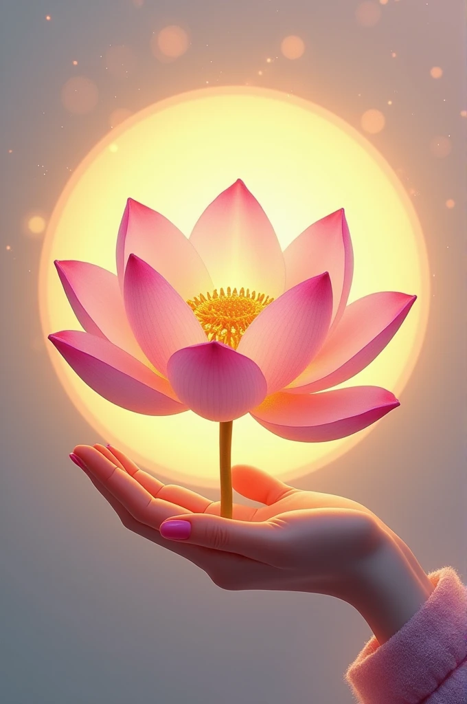 Dessin d.Une fleur de lotus imaginée et repensée bien plus jolie et aux pétales arrondie et doux au centre de cercle doré lumineux avec des paillettes et étincelle il n'y aura pas de fond externe au cercle et le fond du cercle sera dans des couleurs pastel qui font ressortir la fleur de lotus une jolie main délicate et élégante en dessous fait flotter la fleur
