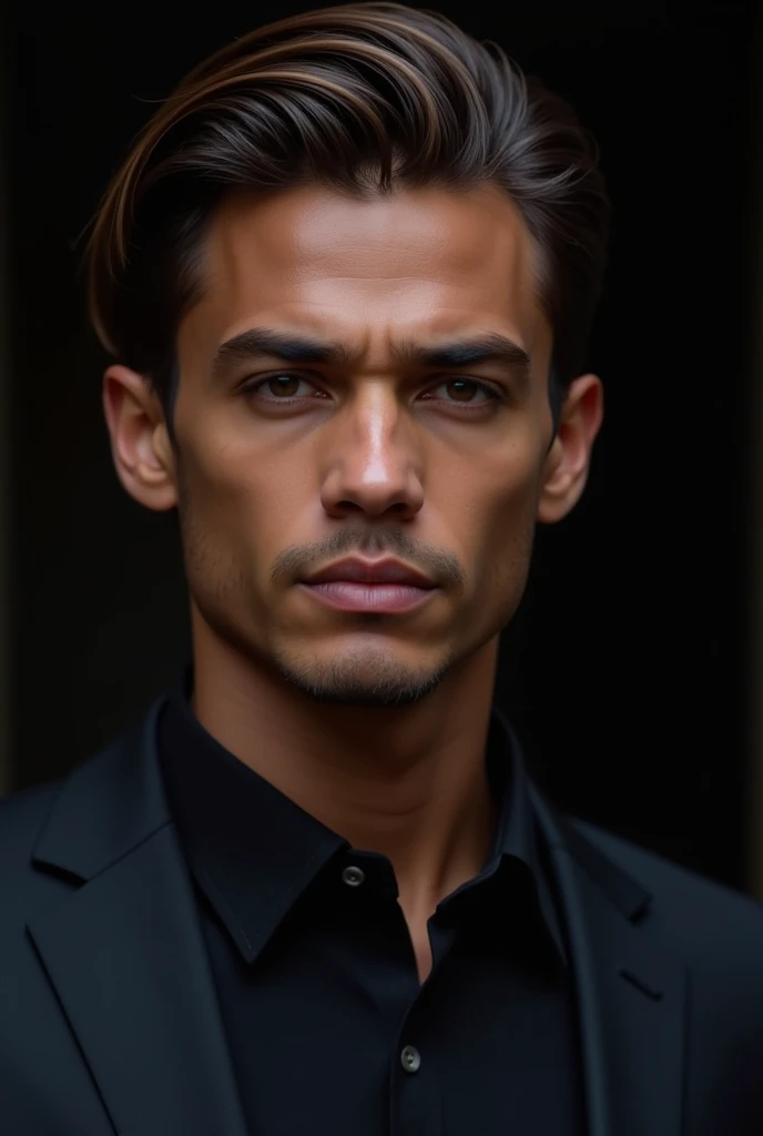 Man with dark skin color with straight brown hair slicked back Darker skin tone
