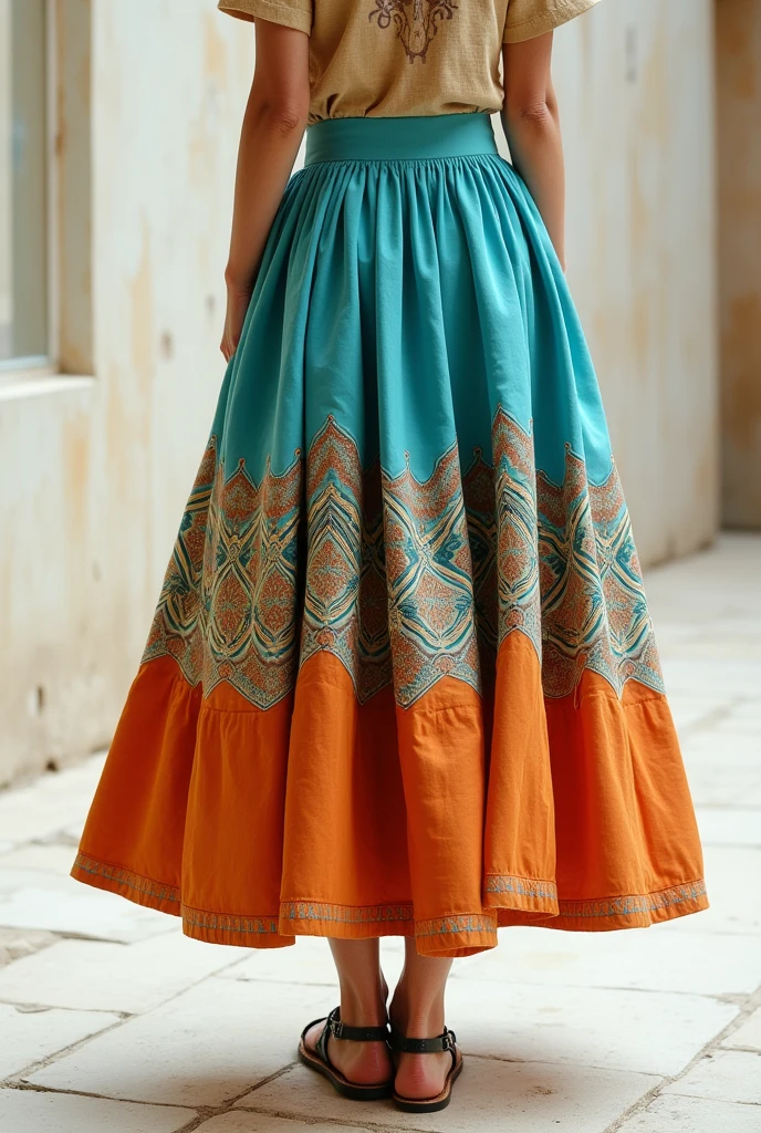 I would like an image of a turquoise blue and beige orange skirt. A picture of the process , colored deppis front and back