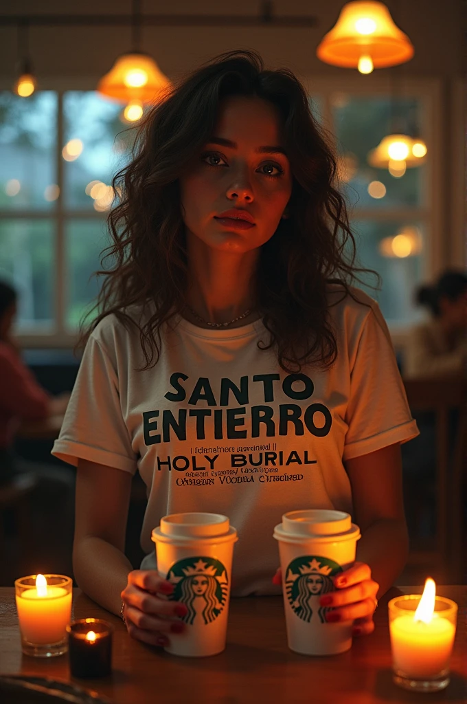 Create a girl with a t-shirt that says Santo Entierro with some candles and vodka drinks in Starbucks cups