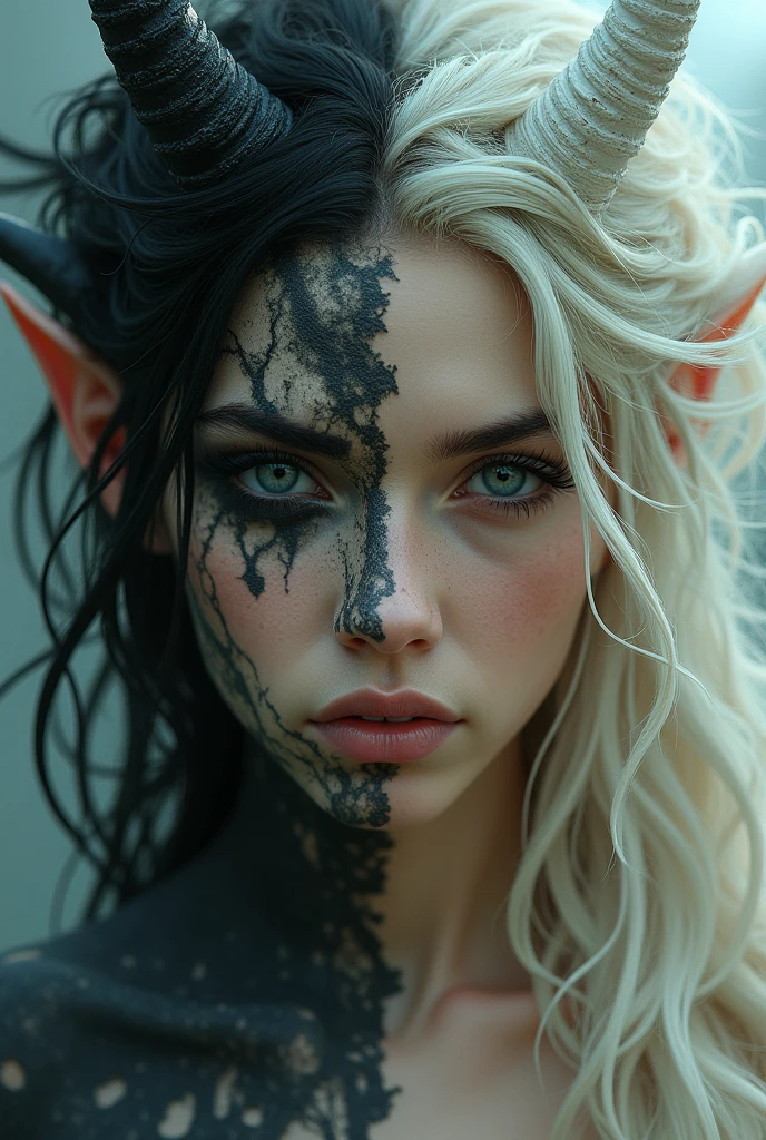 Woman half demon half angel, One half has long hair and the other half has long hair. The face is more like a demon and the other is more beautiful. On the demon side, the hair is short.