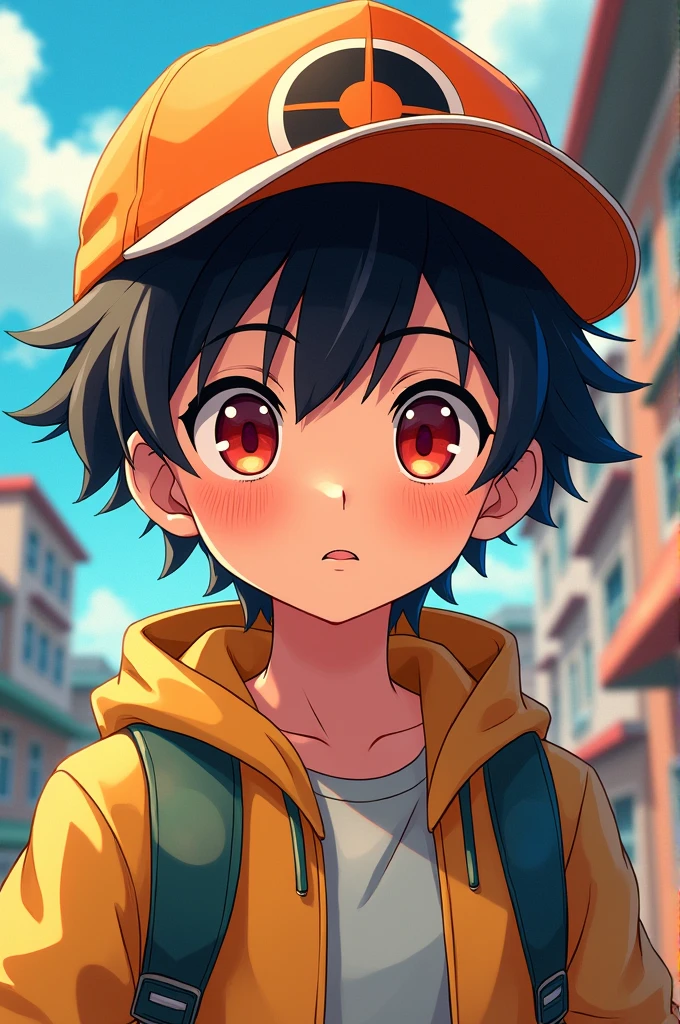 Chico, anime, adolescent, orange cap, Red eyes