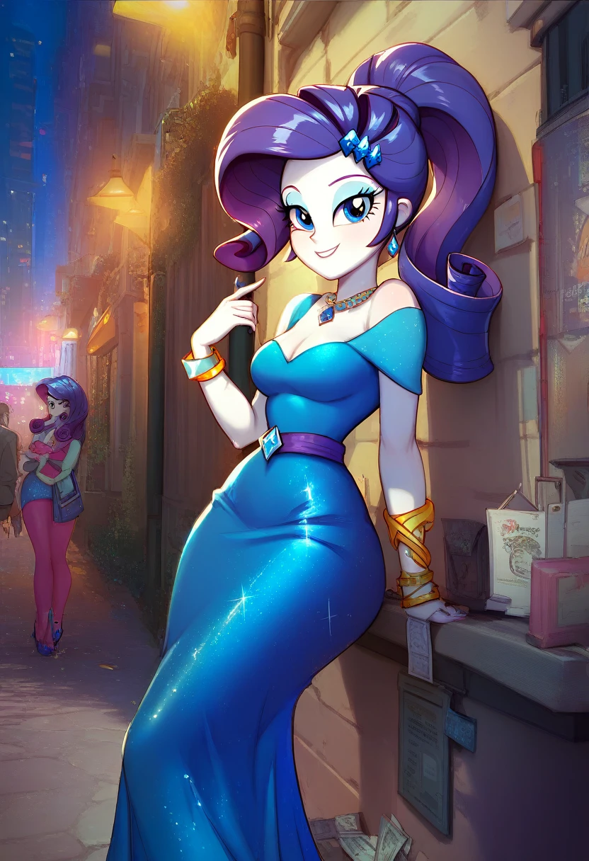 rarity(equestria girls), elegant, very tight dress, heavily made up, leaning against the wall, prostitution, prostitute, street, city, night, seductive look