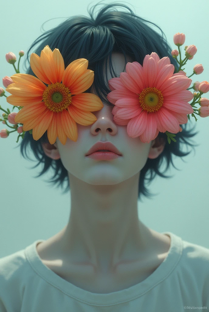 Male with two flowers covering her eyes