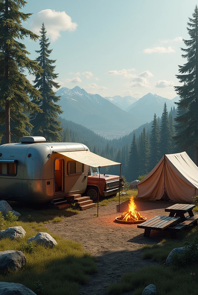 ((Photorealistic, ultra realistic, best quality 16K, real life, realistic)) A survival camp, there is a trailer in the corner for observation, a blue pickup truck with a map on top, a campfire in the middle with wooden benches nearby, several tents around, distant buildings of a city behind the mountains, the camp is outside the forest.