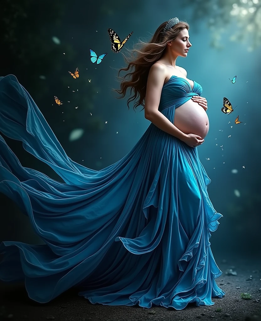 pregnant woman in blue dress with butterflies flying around her, digital art inspired by Cynthia Sheppard, trending on cg society, digital art, maternal photography 4 k, blue swirling dress, belly free teal dress, pregnant belly, modeling photography, dressed in blue, gorgeous and beautiful, rich blue colors, beautiful gown, profile pic, captivating and enticing, fine art fashion photography