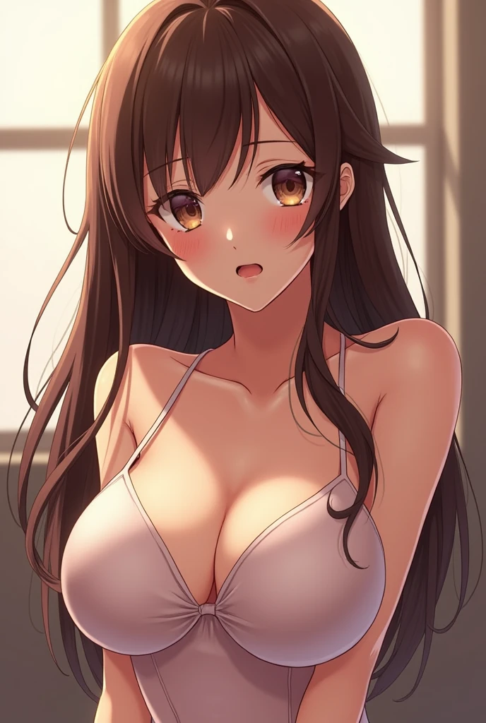 Sexy long brown haired anime girl with large breasts and sexually aroused face
