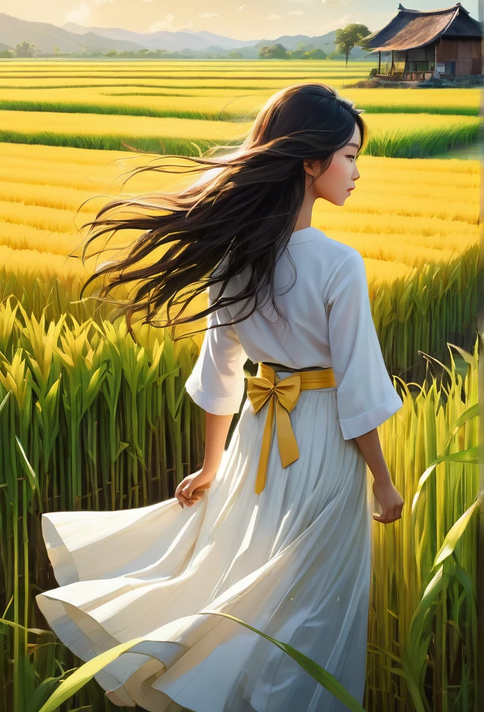 digital art of Bird's eye view, in the endless rice field, there stands a little back of a  with long hair in a white skirt and bow, green, yellow, gold, curry, a little red, gradient, a white farmhouse in the distance, breeze blowing, rice swaying with the wind, sunshine, happy atmosphere, National Geographic National Geographic, circles and rings striped circles and shapes stripes, Annie Leibovitz Leibotz,,a beautiful painting by Wassily Kandinsky,Imagined,Imaginative,Anime,Romantic Atmosphere,high detail,watercolor painting,palette knife painting,Caricature,Artwork,pixar style,cartoon style,art by Atey Ghailan,Chinese Painting,Masterpiece,Line Art,Quixel Megascans Render,octane render,depth of field (dof),extreme long shot,rays of shimmering light, --style raw