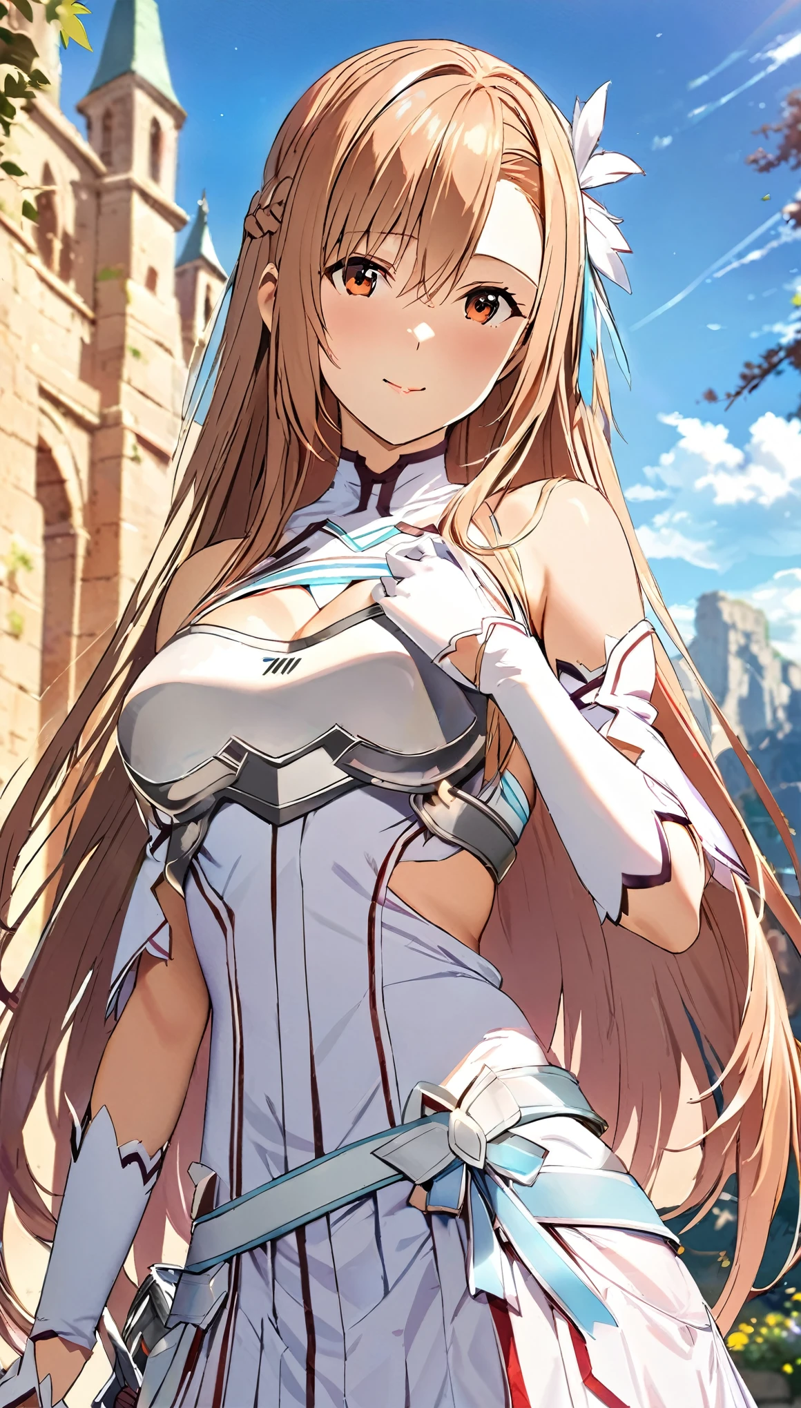 ((masterpiece)), Highest quality, Very detailed,(One Girl),Yuki Asuna、Asuna (stay), brown eyes, bare shoulders, breastplate, armor, detached sleeves, gloves, white gloves, dress, (red and white dress), Long Hair, Beautiful background ,Clothing,  chest, 