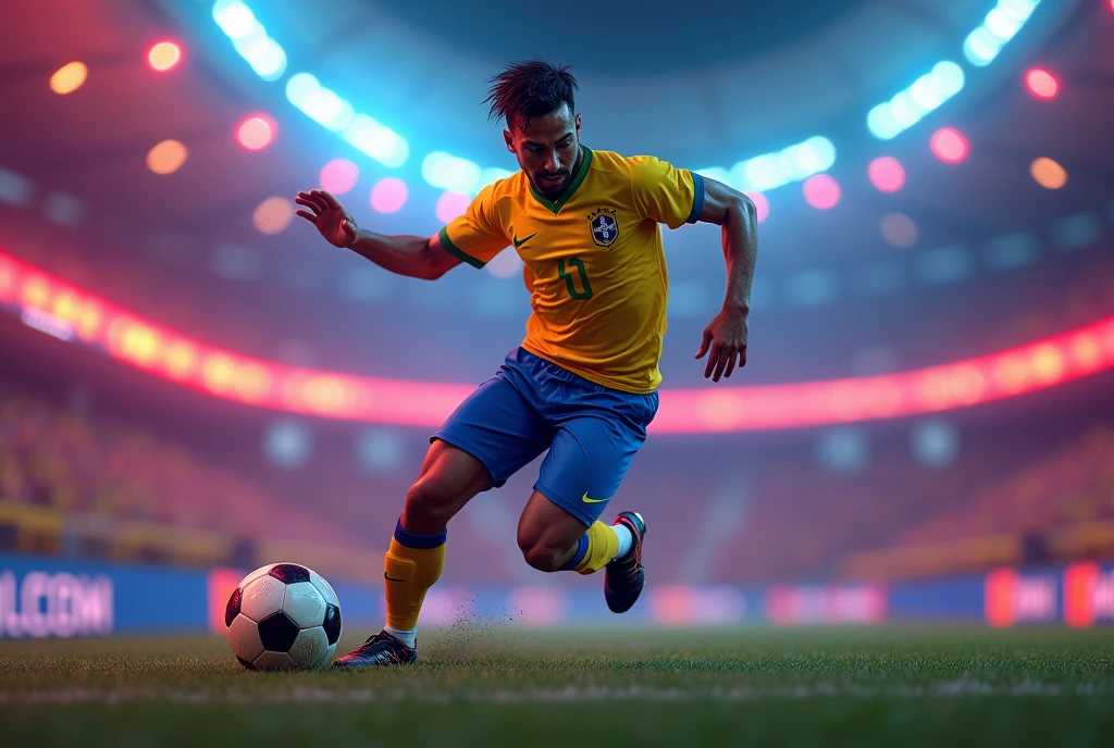 “3D CGI render, hyper-realistic, ultra-detailed, Brazilian soccer player mid-action, wearing a vibrant uniform. The scene is set under neon lights with phosphorescent accents, creating a glowing silhouette effect. The player is captured in an intense moment, with the ball in motion. The background is a blurred stadium with vivid neon colors illuminating the scene, creating a futuristic, energetic atmosphere. Cinematic lighting and dynamic composition enhance the sense of movement and power.”