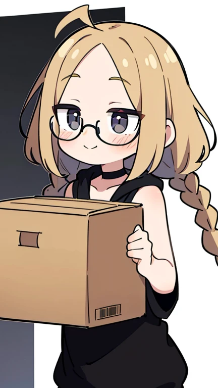 Beige hair color, center parted bangs, forehead exposed, no hair antennae on the sides of the face, large glasses, black sleeveless hoodie, bob hair with reduced volume, long braids on both sides reaching down to the chest, holding a large cardboard box with materials in both hands, gray eyes, shy smile, choker, adult woman, blushing cheeks, beautiful, surrounded by cardboard boxes, black sleeveless hoodie, character outlined in white, green recycling mark on the cardboard box she is holding