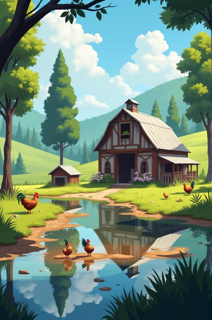 An image with a barn, a lake, a mud puddle and a chicken coop