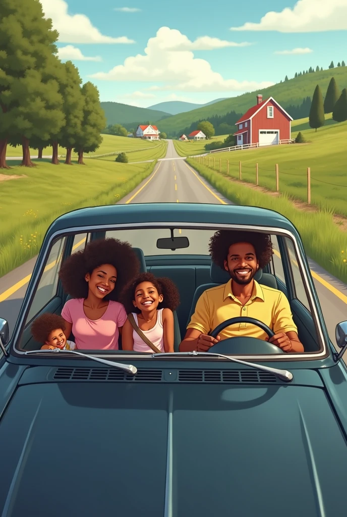 A black family driving in a car with father driving and mother at the passenger seat abd two girls at the back seat