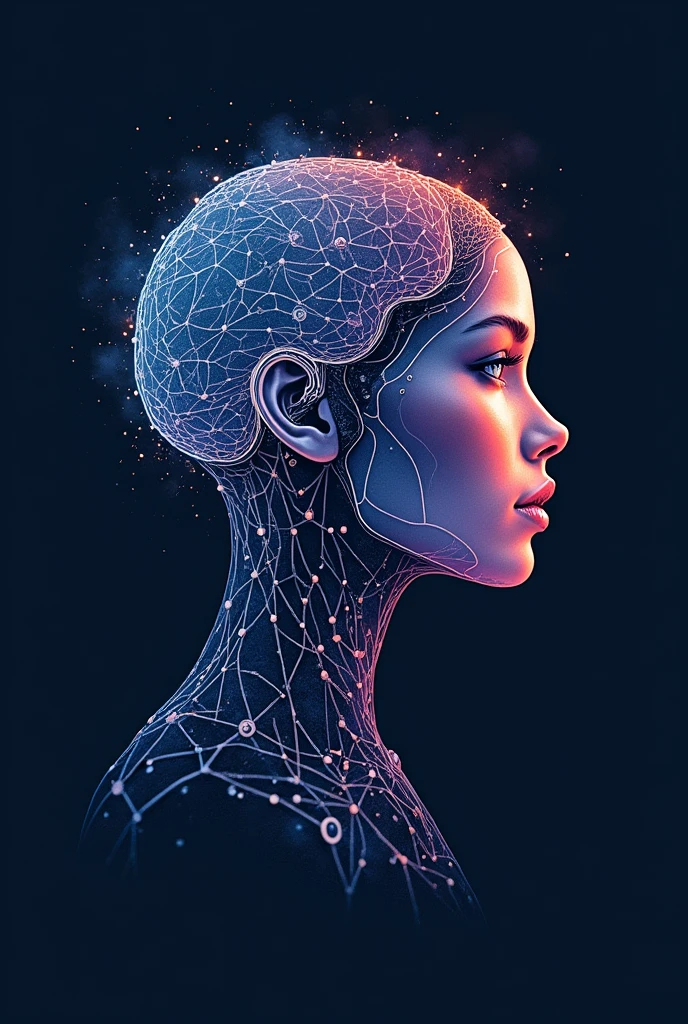 Design a logo for an AI model agency named 'Roya' that features a unique, hand-drawn style. The logo should creatively incorporate the concept of artificial intelligence. Consider drawing an abstract representation of a human brain with interconnected lines and nodes to symbolize neural networks, or a stylized robotic face with elegant, flowing lines that evoke a sense of intelligence and technology. The illustration could blend human and digital elements, showing the harmony between creativity and AI. Use a modern yet sophisticated color palette, such as deep blues, purples, and metallic accents, to give the design a futuristic feel. The hand-drawn aspect should make the logo feel approachable and artistic while maintaining a sense of professionalism and innovation.