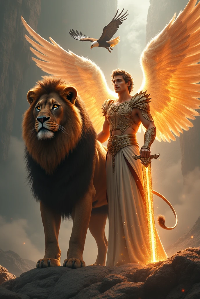 a lion accompanied by a male archangel holding a flaming sword and an eagle in the background